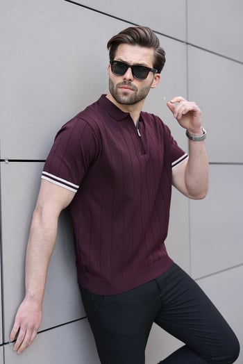 Madmext Erkek Mürdüm Polo Yaka Fermuarlı Tişört 6876