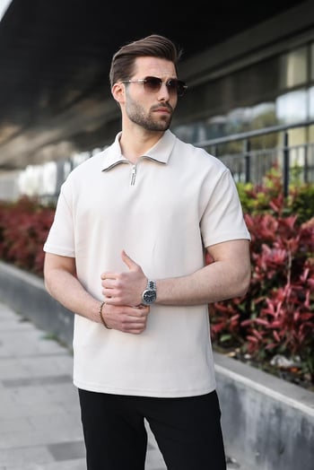 Açık Gri Yarım Fermuar Detaylı Polo Yaka Erkek Tişört E7184