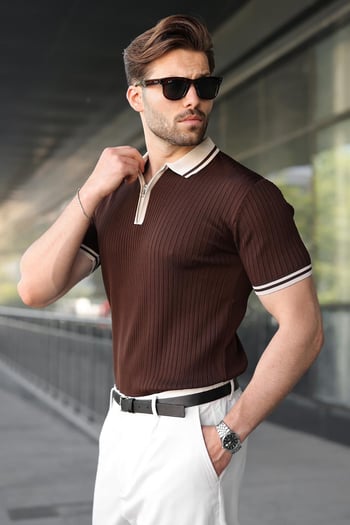 Kahverengi Yarım Fermuarlı Polo Yaka Triko Erkek Tişört E7501