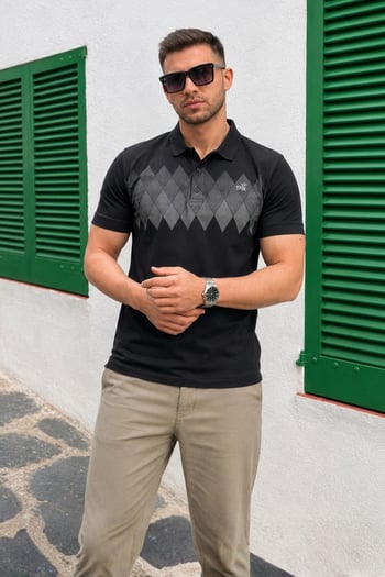 Siyah Desenli Polo Yaka Erkek Tişört 6106