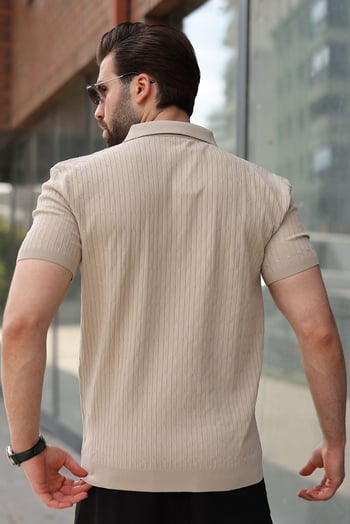 Bej Polo Yaka Örgü Desenli Triko Erkek Tişört E7489