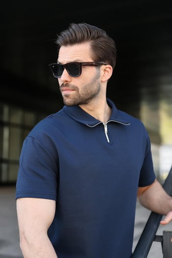 Lacivert Yarım Fermuar Detaylı Polo Yaka Erkek Tişört E7184