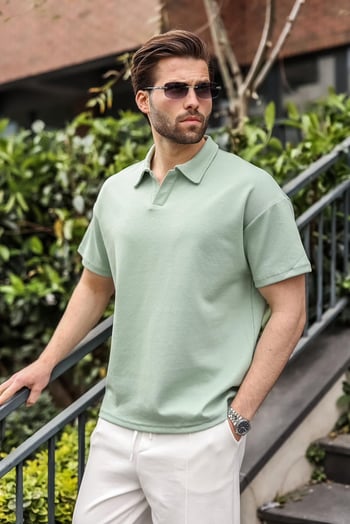 Mint Yeşili Polo Yaka Oversize Erkek Tişört E7185