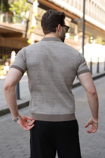 Açık Kahverengi Polo Yaka Regular Fit Erkek Triko Tişört E7496