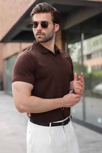 Kahverengi Regular Fit Polo Yaka Triko Erkek Tişört E7502