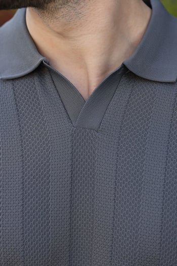 Antrasit Slim Fit Polo Yaka Triko Erkek Tişört E7491