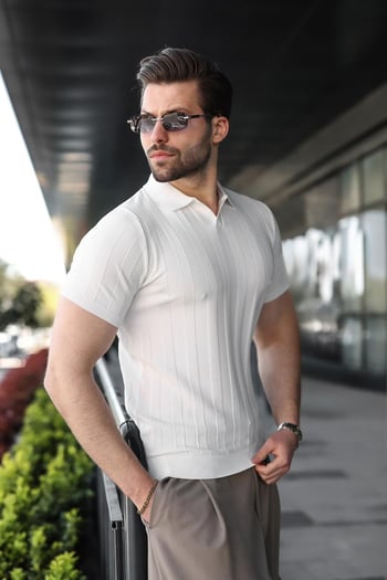 Beyaz Slim Fit Polo Yaka Triko Erkek Tişört E7491