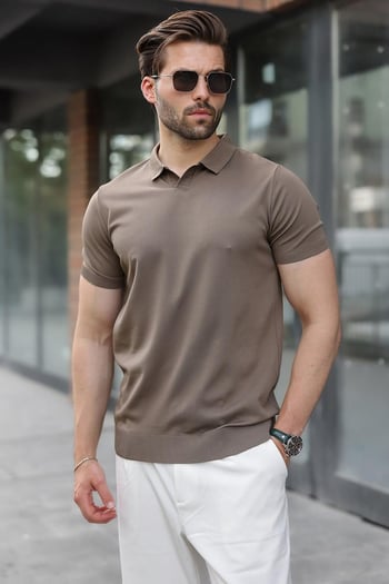Açık Kahverengi Regular Fit Polo Yaka Triko Erkek Tişört E7502