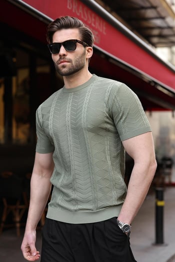 Haki Bisiklet Yaka Slim Fit Triko Erkek Tişört E7466
