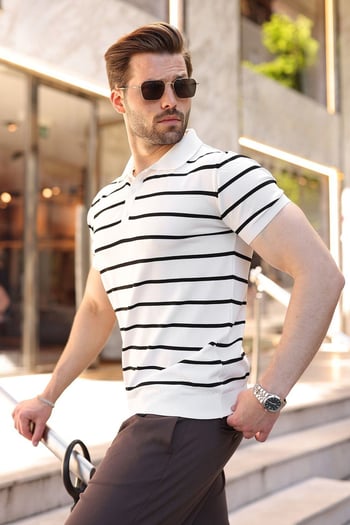 Beyaz Çizgili Polo Yaka Erkek T-shirt E7405