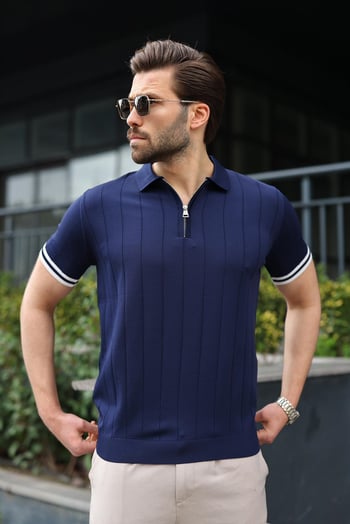 Madmext Erkek Lacivert Polo Yaka Fermuarlı Tişört 6876