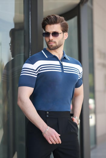 Lacivert Fermuarlı Polo Yaka Erkek Triko T-shirt E7407