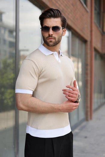 Taş Rengi Polo Yaka Triko Erkek Tişört E7471