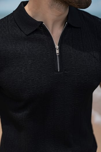 Siyah Regular Fit Polo Yaka Triko Erkek Tişört E7503