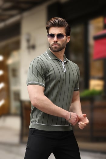 Haki  Desenli Düğmeli Polo Yaka Erkek Tişört E7408