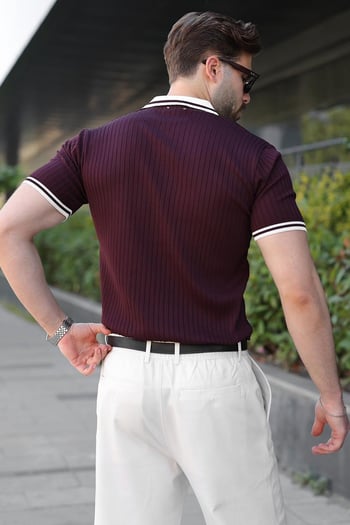 Mürdüm Yarım Fermuarlı Polo Yaka Triko Erkek Tişört E7501