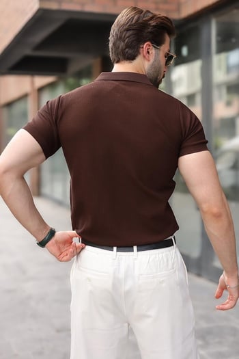 Kahverengi Çıt Kapamalı Polo Yaka Triko Erkek Tişört E7493