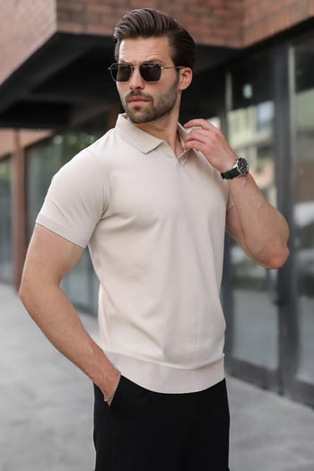 Taş Rengi Regular Fit Polo Yaka Triko Erkek Tişört E7502