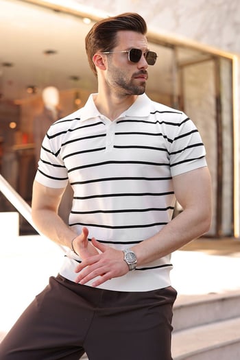 Beyaz Çizgili Polo Yaka Erkek T-shirt E7405