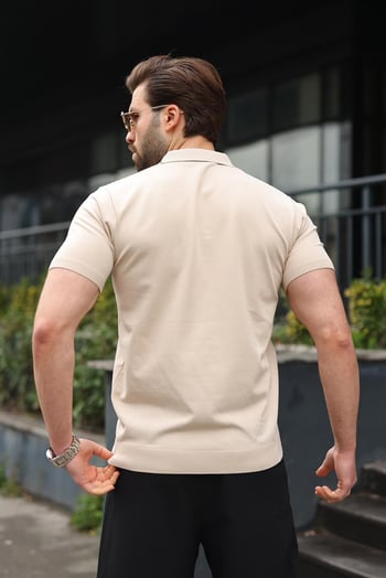 Taş Rengi Polo Yaka Triko Erkek Tişört E7469