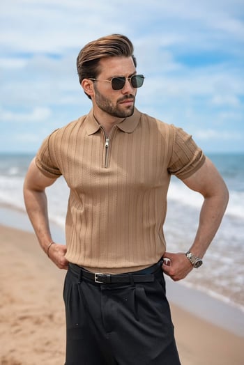 Camel Yarım Fermuarlı Polo Yaka Erkek Triko Tişört E7458