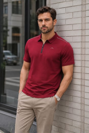 Erkek Bordo Basic Fermuarlı Polo Tişört 6076