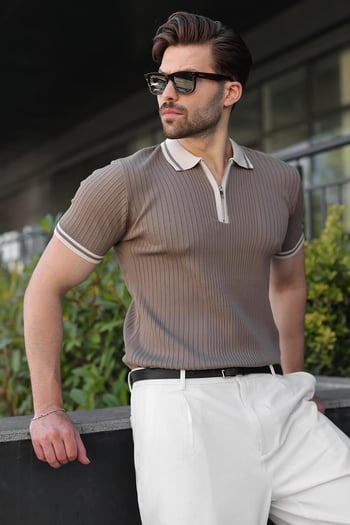 Açık Kahverengi Yarım Fermuarlı Polo Yaka Triko Erkek Tişört E7501