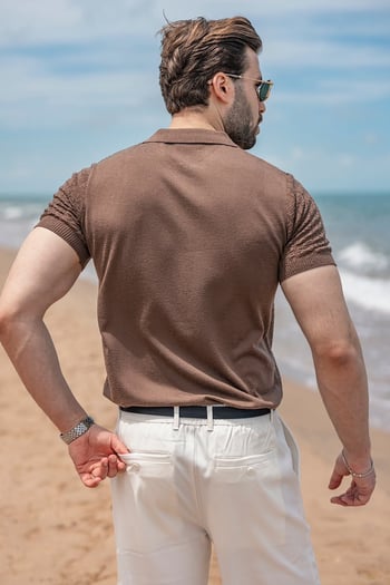 Açık Kahverengi Regular Fit Polo Yaka Triko Erkek Tişört E7503