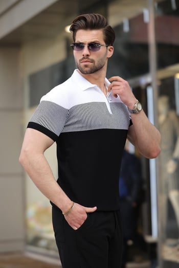 Siyah Renk Bloklu Polo Yaka Triko Erkek T-shirt E7409