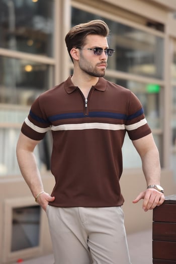 Kahverengi Fermuarlı Polo Yaka Triko Erkek T-shirt E7299