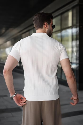 Beyaz Slim Fit Polo Yaka Triko Erkek Tişört E7491