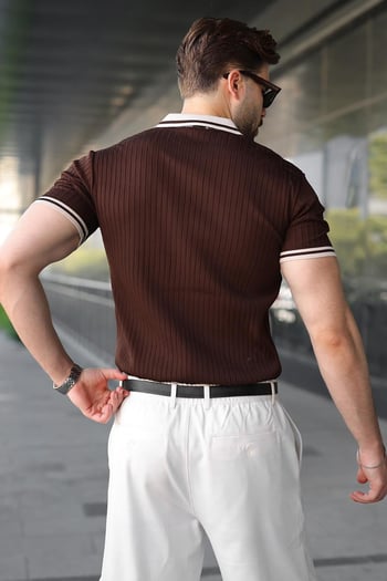Kahverengi Yarım Fermuarlı Polo Yaka Triko Erkek Tişört E7501