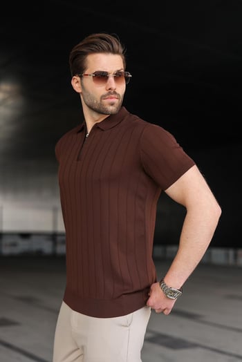 Madmext Kahverengi Polo Yaka Fermuarlı Erkek T-shirt E7298