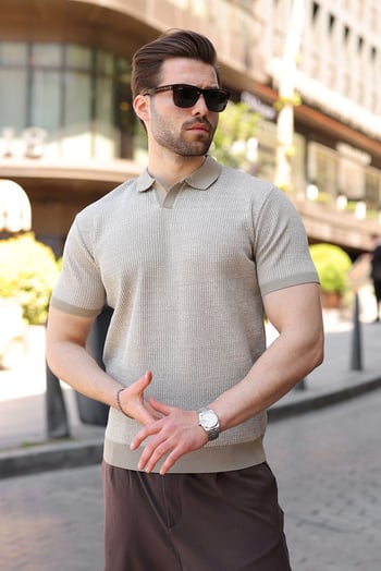 Kum Rengi Polo Yaka Regular Fit Erkek Triko Tişört E7496