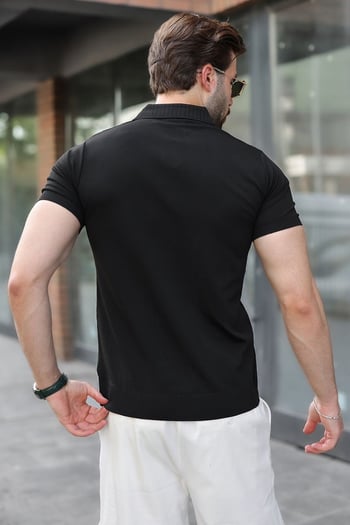 Siyah Regular Fit Polo Yaka Triko Erkek Tişört E7502