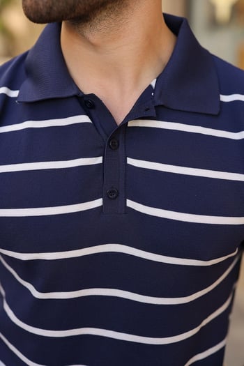 Lacivert Çizgili Polo Yaka Erkek T-shirt E7405