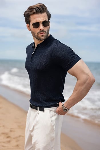Lacivert Regular Fit Polo Yaka Triko Erkek Tişört E7503