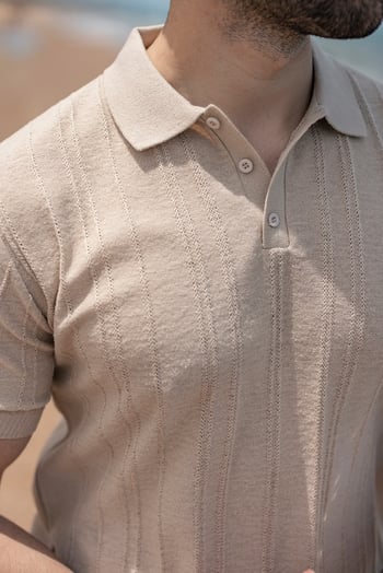Taş Rengi Çizgili Polo Yaka Triko Erkek Tişört E7504