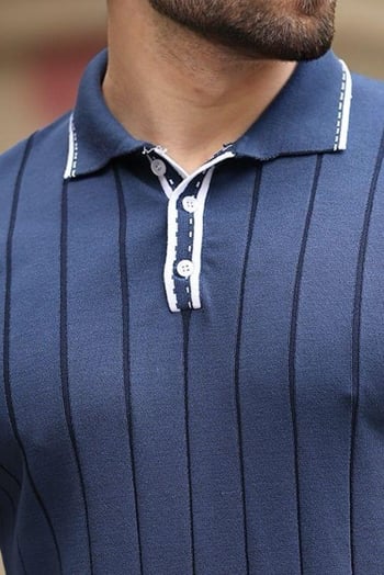 Lacivert  Desenli Düğmeli Polo Yaka Erkek Tişört E7408