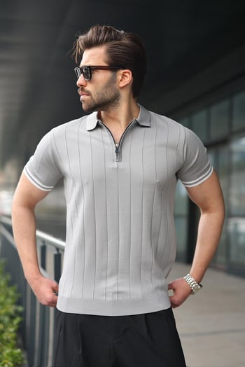 Madmext Erkek Gri Polo Yaka Fermuarlı Tişört 6876