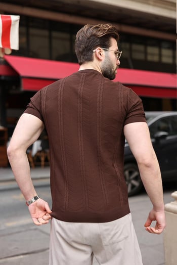 Kahverengi Bisiklet Yaka Slim Fit Triko Erkek Tişört E7466