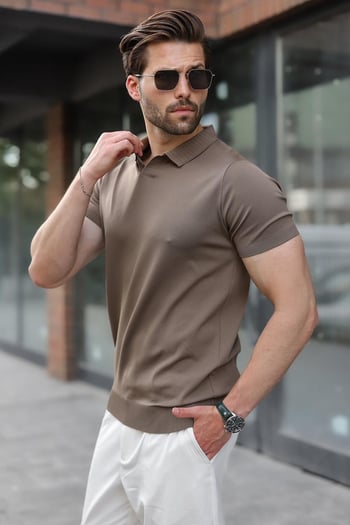 Açık Kahverengi Regular Fit Polo Yaka Triko Erkek Tişört E7502