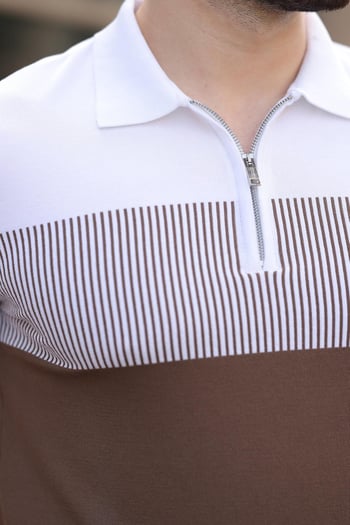Vizon Renk Bloklu Polo Yaka Triko Erkek T-shirt E7409