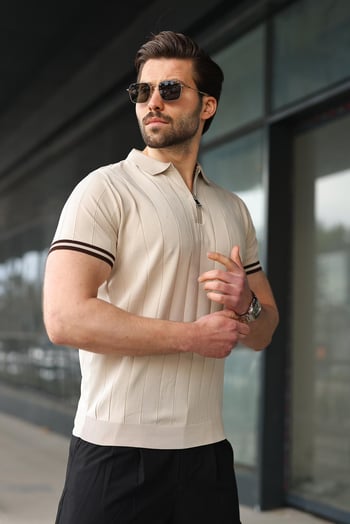 Madmext Erkek Taş Rengi Polo Yaka Fermuarlı Tişört 6876