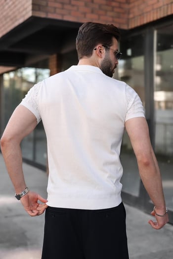 Beyaz Delikli Polo Yaka Erkek Triko Tişört E7495