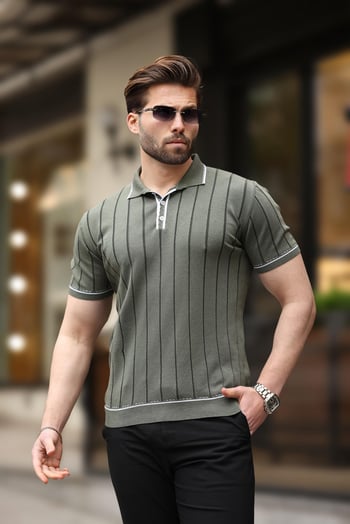 Haki  Desenli Düğmeli Polo Yaka Erkek Tişört E7408