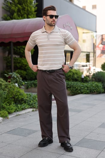 Bej Çizgili Polo Yaka Triko Erkek T-shirt E7405