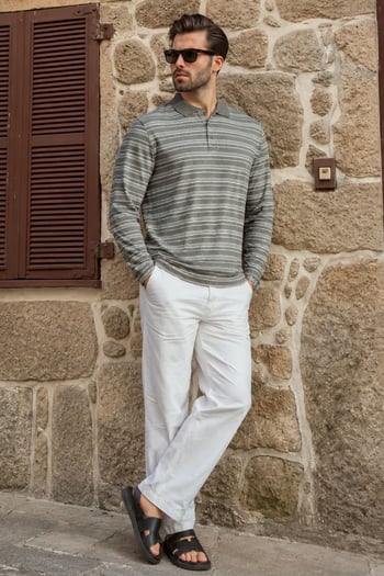 Gri Regular Fit Çizgili Polo Yaka Erkek Tişört E7192
