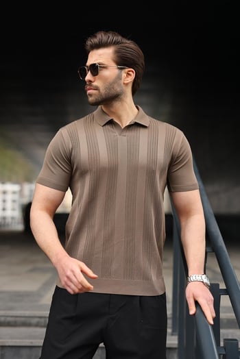 Açık Kahverengi Polo Yaka Triko Erkek Tişört E7469