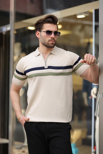 Taş Rengi Fermuarlı Polo Yaka Triko Erkek T-shirt E7299